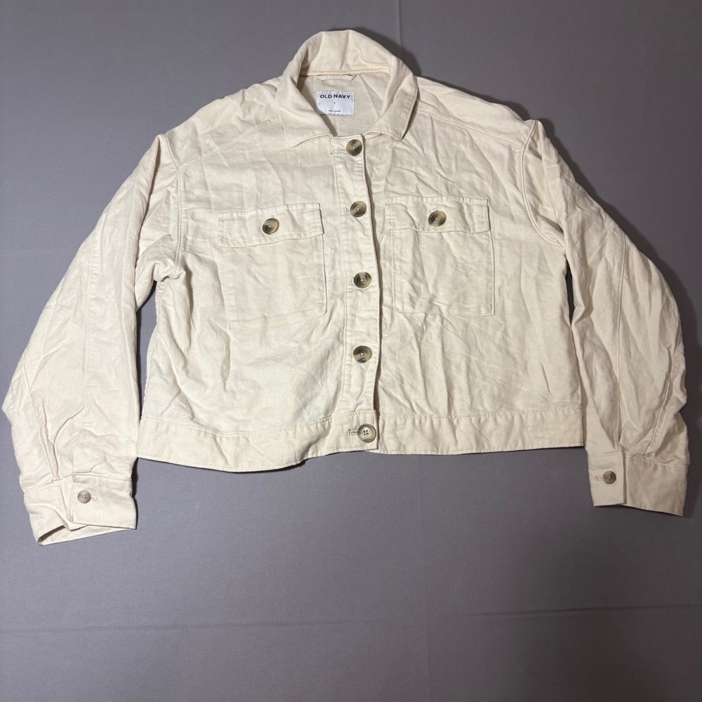 Old Navy Boxy Cropped Jacket Womens Large Cream Linen Blend Utility